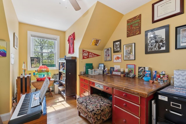 76 Asbury Ln, Acton, ME 04001 - home office featuring wood finished floors, a ceiling fan, and vaulted ceiling