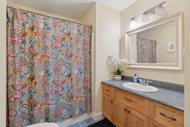 76 Asbury Ln, Acton, ME 04001 - bathroom featuring vanity, tile patterned flooring, and a shower with curtain