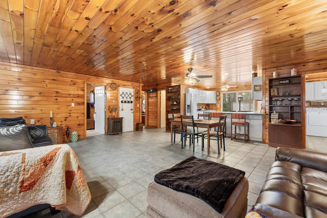 35 Burnt Mill Rd Unit B, Wells, ME 04090 - living area featuring washer / clothes dryer, wooden walls, and a ceiling fan