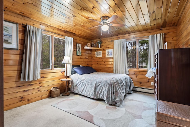 35 Burnt Mill Rd Unit B, Wells, ME 04090 - bedroom featuring light colored carpet, a baseboard radiator, multiple windows, wood ceiling, and wood walls