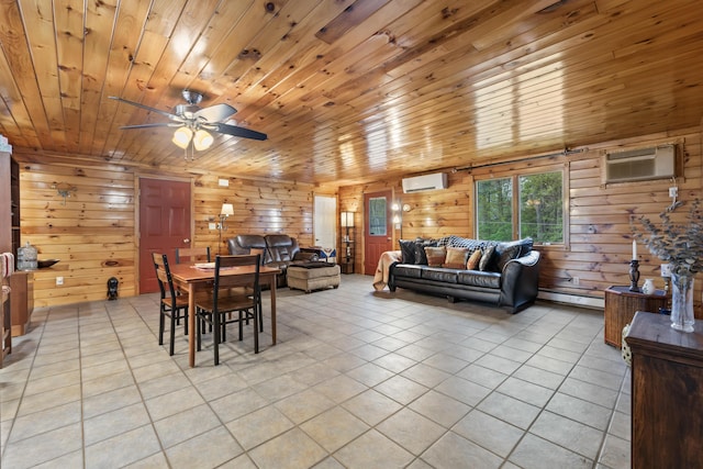 35 Burnt Mill Rd Unit B, Wells, ME 04090 - dining area featuring an AC wall unit, light tile patterned floors, a ceiling fan, wooden ceiling, and a wall mounted air conditioner