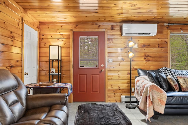 35 Burnt Mill Rd Unit B, Wells, ME 04090 - living area with a wall unit AC, wooden walls, wood ceiling, and baseboard heating