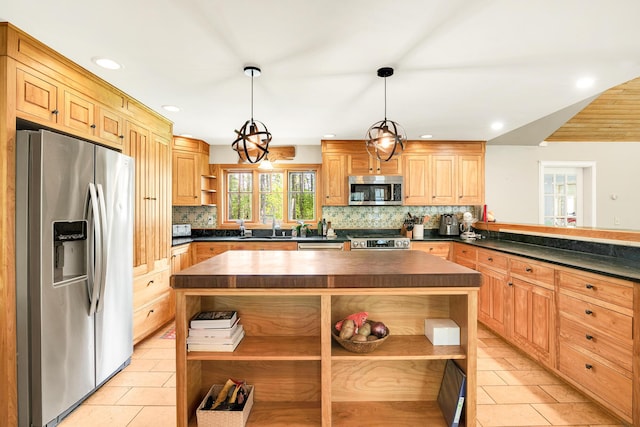 43 Creek Xing, Eliot, ME 03903 - kitchen with open shelves, appliances with stainless steel finishes, wooden counters, tasteful backsplash, and recessed lighting