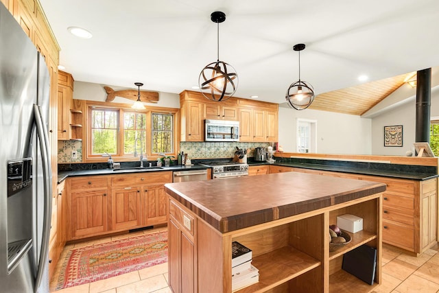43 Creek Xing, Eliot, ME 03903 - kitchen featuring open shelves, appliances with stainless steel finishes, a peninsula, backsplash, and recessed lighting