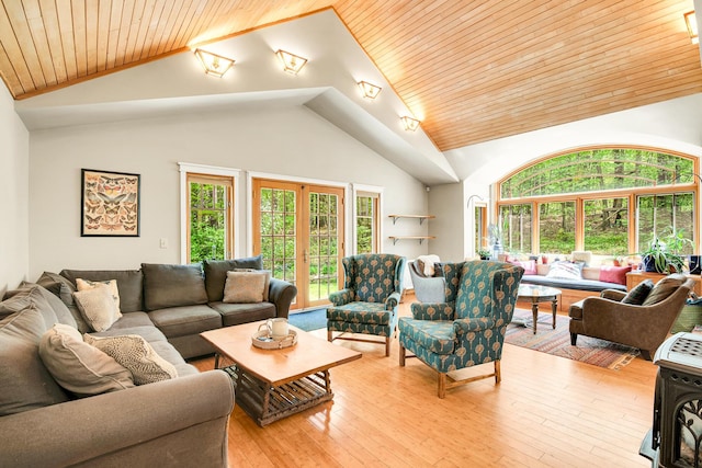 43 Creek Xing, Eliot, ME 03903 - living room with wood ceiling, high vaulted ceiling, and light wood-type flooring