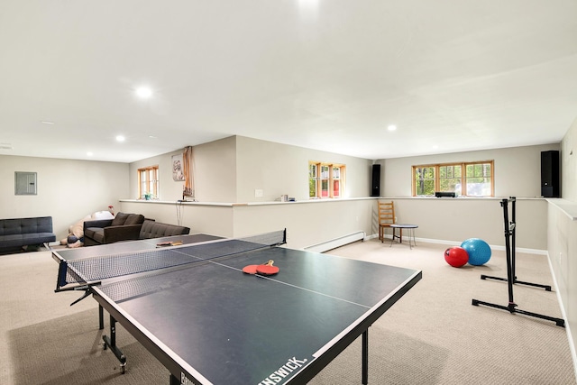 43 Creek Xing, Eliot, ME 03903 - rec room featuring a baseboard radiator, carpet, recessed lighting, electric panel, and baseboards