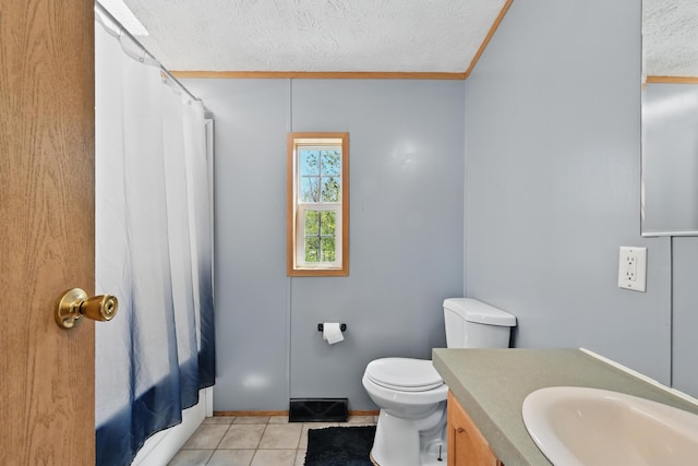 54 Whitten Rd, Clinton, ME 04927 - bathroom with a textured ceiling, tile patterned flooring, vanity, crown molding, and shower / bathtub combination with curtain