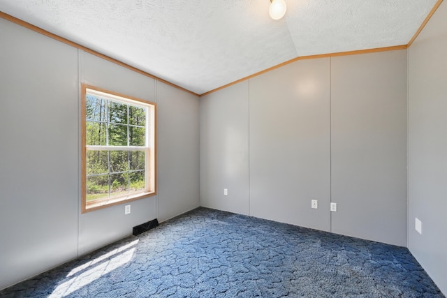 54 Whitten Rd, Clinton, ME 04927 - carpeted spare room featuring vaulted ceiling, a textured ceiling, and ornamental molding