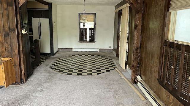 706 Crescent Ave, Rumford, ME 04276 - corridor featuring a baseboard radiator, carpet flooring, and a textured ceiling