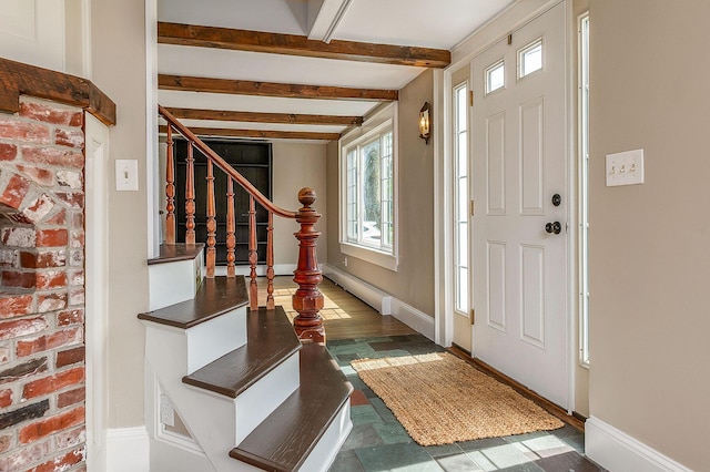 456 Ferry Rd, Saco, ME 04072 - foyer entrance with a baseboard heating unit, beamed ceiling, stairs, and baseboards
