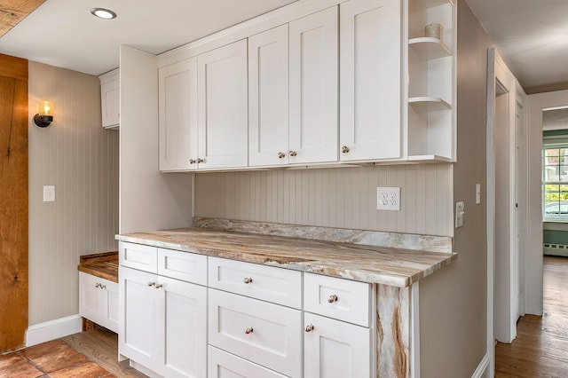 456 Ferry Rd, Saco, ME 04072 - kitchen featuring open shelves, baseboards, white cabinetry, a baseboard heating unit, and light wood-style floors