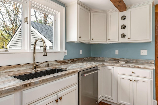 456 Ferry Rd, Saco, ME 04072 - kitchen with a sink, dishwasher, light countertops, white cabinetry, and beam ceiling