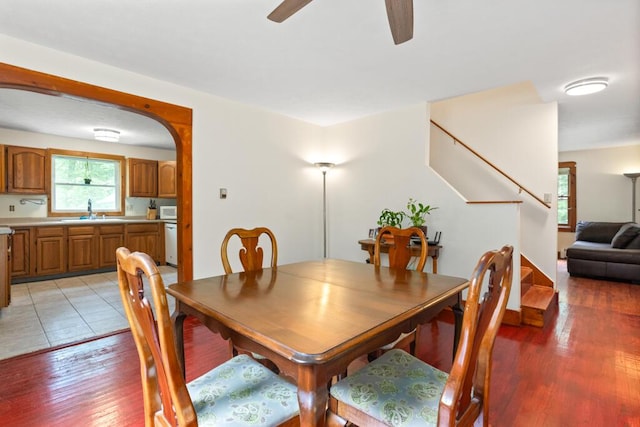 184 Long St, Limerick, ME 04048 - dining area featuring plenty of natural light, stairway, light wood-style flooring, and a ceiling fan