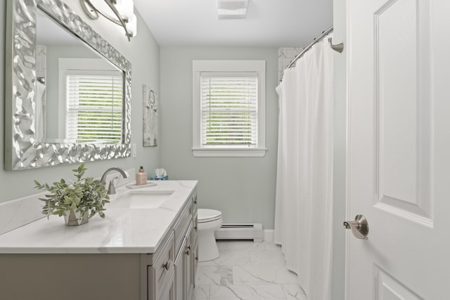 7 Passby Point Rd, Windham, ME 04062 - full bath featuring baseboard heating, vanity, marble finish floors, and healthy amount of natural light