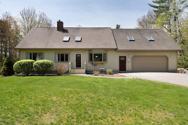 738 Litchfield Rd, Bowdoin, ME 04287 - cape cod house with a chimney, a front lawn, a garage, driveway, and entry steps