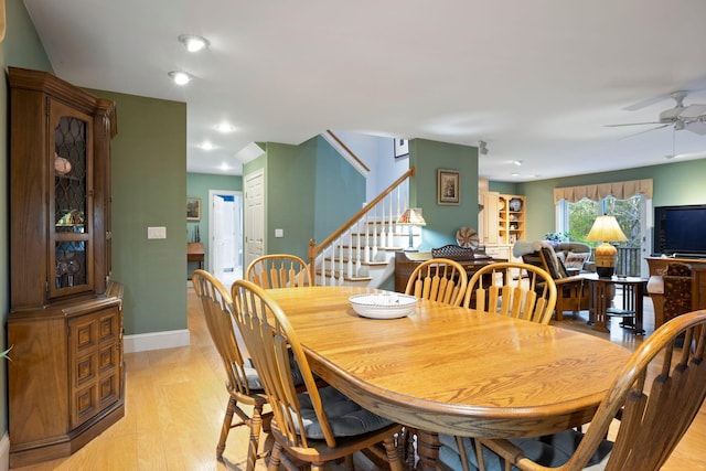 356 Brixham Rd, Eliot, ME 03903 - dining room featuring stairs, a ceiling fan, light wood-style floors, baseboards, and recessed lighting