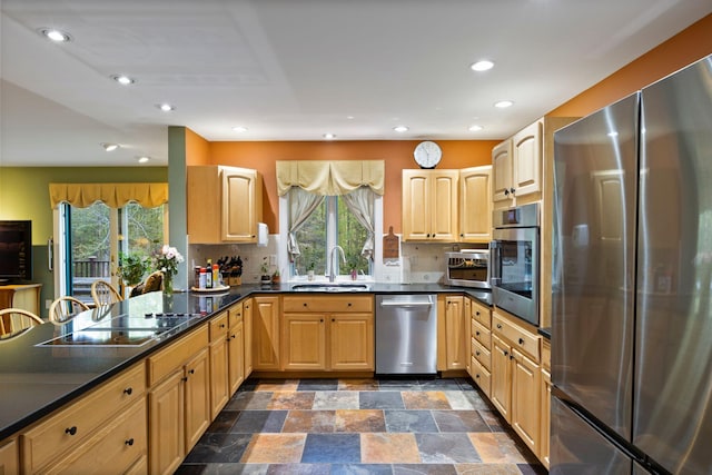 356 Brixham Rd, Eliot, ME 03903 - kitchen with stainless steel appliances, a sink, healthy amount of natural light, light brown cabinets, and recessed lighting