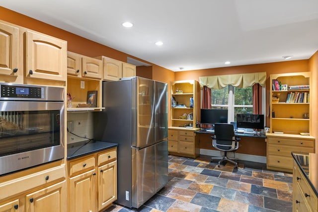 356 Brixham Rd, Eliot, ME 03903 - kitchen featuring appliances with stainless steel finishes, open shelves, dark countertops, recessed lighting, and dark stone finish floors