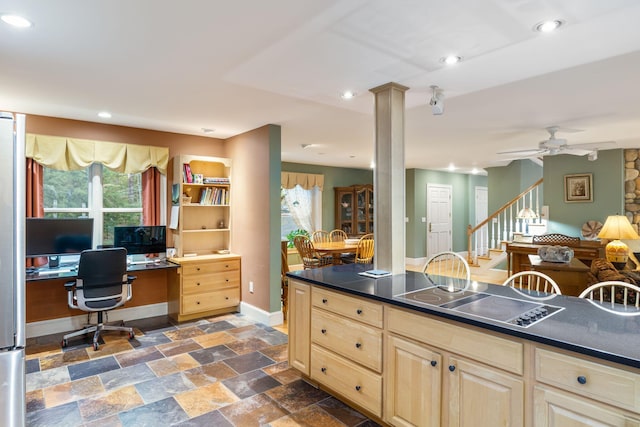 356 Brixham Rd, Eliot, ME 03903 - kitchen with black electric stovetop, light brown cabinets, dark countertops, baseboards, and recessed lighting