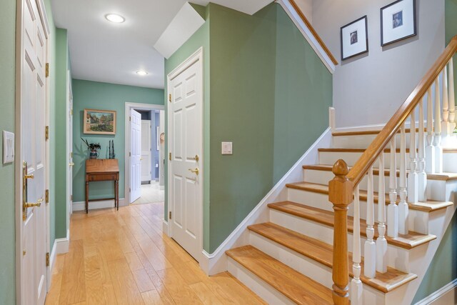356 Brixham Rd, Eliot, ME 03903 - staircase featuring hardwood / wood-style floors, baseboards, and recessed lighting