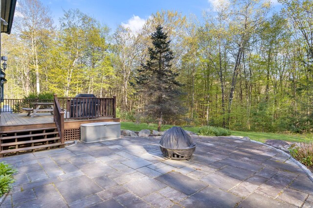 356 Brixham Rd, Eliot, ME 03903 - view of patio / terrace with a fire pit, a wooden deck, and a view of trees
