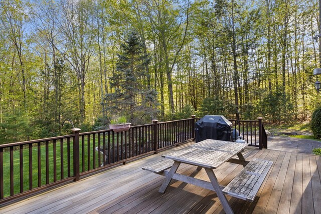 356 Brixham Rd, Eliot, ME 03903 - wooden deck featuring area for grilling, a yard, and a forest view