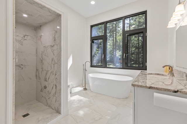 5 Zakelo Island Rd, Harrison, ME 04040 - full bath featuring a soaking tub, a marble finish shower, marble look tiles, vanity, and recessed lighting