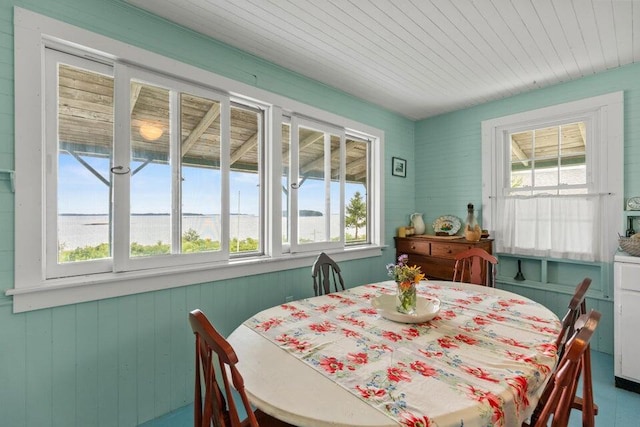 13 Bustins Is, Freeport, ME 04032 - dining room featuring plenty of natural light, a water view, wooden walls, and wood ceiling