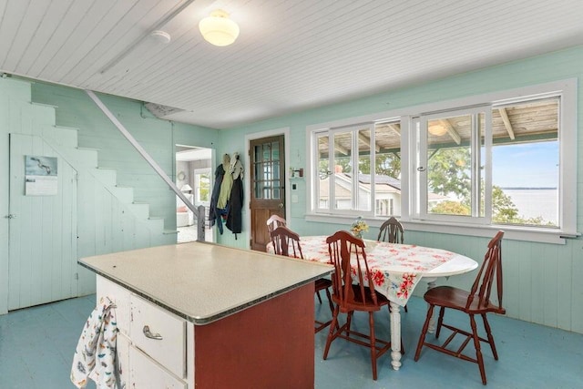 13 Bustins Is, Freeport, ME 04032 - kitchen featuring plenty of natural light, a center island, wood walls, and wooden ceiling