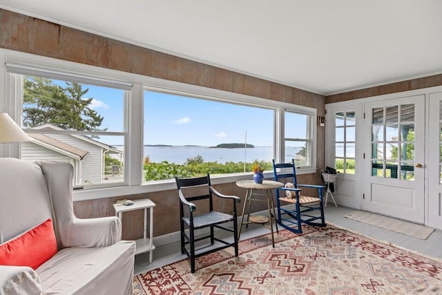 13 Bustins Is, Freeport, ME 04032 - sunroom / solarium featuring a water view, french doors, and wooden walls
