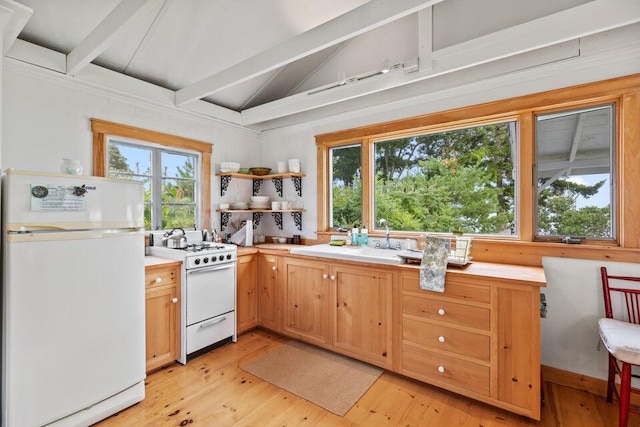 13 Bustins Is, Freeport, ME 04032 - kitchen with white appliances, open shelves, light wood-type flooring, beamed ceiling, and light countertops