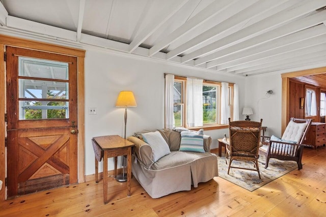 13 Bustins Is, Freeport, ME 04032 - living area with beam ceiling, light wood-type flooring, and baseboards