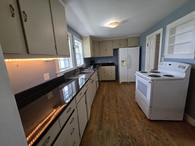 22 Summer St, Lubec, ME 04652 - kitchen featuring white appliances, dark wood-style flooring, dark countertops, and a sink