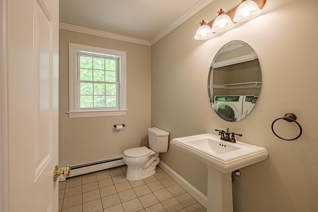 9 Eisenhower Ct, Naples, ME 04055 - half bath with a baseboard heating unit, tile patterned flooring, baseboards, toilet, and ornamental molding