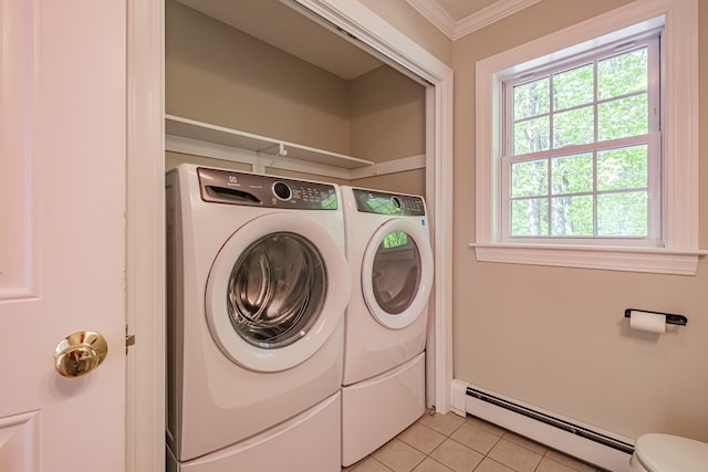 9 Eisenhower Ct, Naples, ME 04055 - laundry area featuring baseboard heating, separate washer and dryer, light tile patterned floors, and ornamental molding
