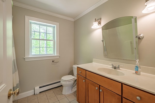 9 Eisenhower Ct, Naples, ME 04055 - bathroom with a baseboard radiator, tile patterned flooring, crown molding, toilet, and vanity