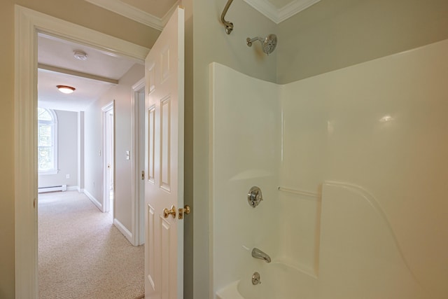 9 Eisenhower Ct, Naples, ME 04055 - bathroom featuring a baseboard radiator, baseboards, shower / bathtub combination, and ornamental molding