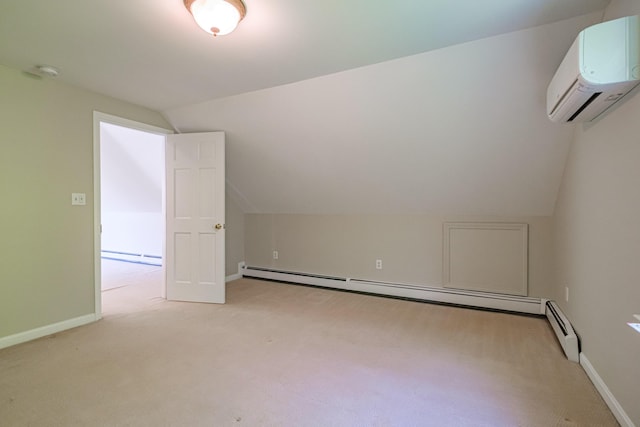 9 Eisenhower Ct, Naples, ME 04055 - bonus room featuring an AC wall unit, lofted ceiling, light colored carpet, baseboards, and a baseboard radiator