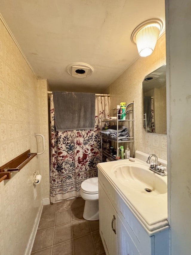 4 Main St, Saint Albans, ME 04971 - full bathroom featuring tile patterned floors, wallpapered walls, toilet, vanity, and a shower with shower curtain