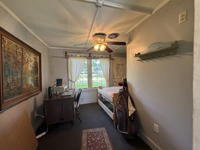 4 Main St, Saint Albans, ME 04971 - bedroom featuring baseboards, crown molding, a ceiling fan, and a desk