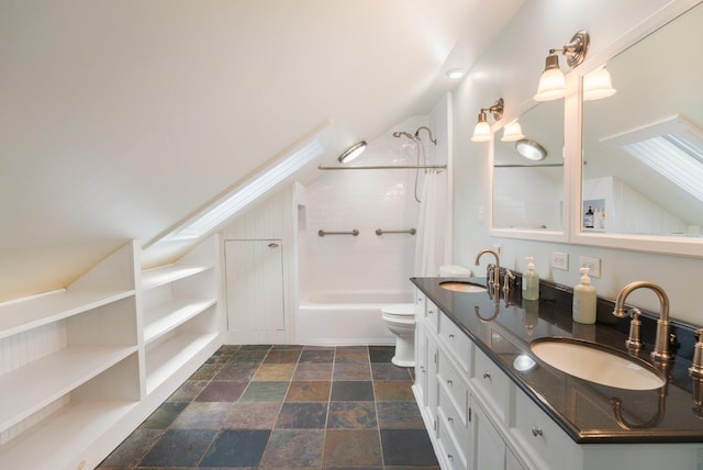 603 S Freedom Rd, Albion, ME 04910 - bathroom featuring lofted ceiling, shower / tub combo with curtain, stone finish flooring, double vanity, and toilet