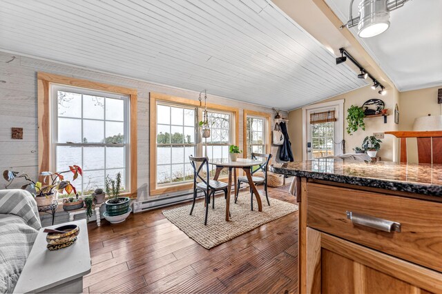 dining room featuring track lighting, vaulted ceiling, dark wood-type flooring, a water view, and a baseboard heating unit