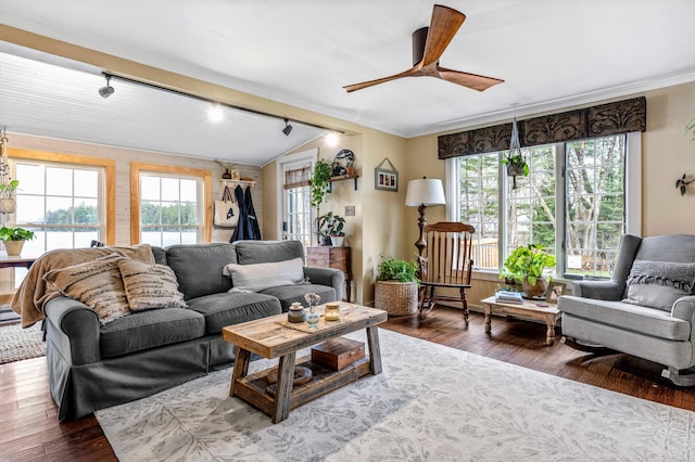 living room with plenty of natural light, ceiling fan, wood-type flooring, crown molding, and a water view
