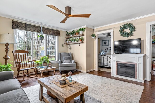 living room with ceiling fan, crown molding, wood finished floors, baseboards, and a glass covered fireplace