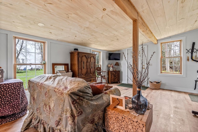 living area featuring wood ceiling, wood finished floors, and lofted ceiling