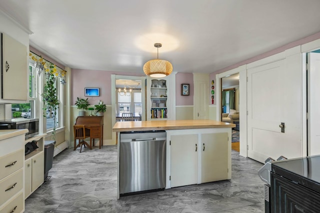 148 Water St, Randolph, ME 04346 - kitchen featuring appliances with stainless steel finishes, butcher block countertops, a chandelier, decorative light fixtures, and white cabinets