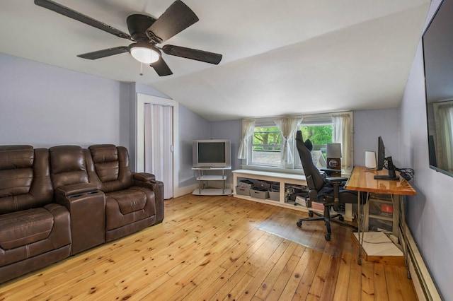 148 Water St, Randolph, ME 04346 - office area with a baseboard radiator, hardwood / wood-style flooring, lofted ceiling, and ceiling fan