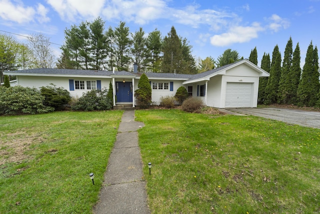 42 Sugarloaf Ln, Bangor, ME 04401 - ranch-style home with an attached garage, driveway, a front yard, and a chimney