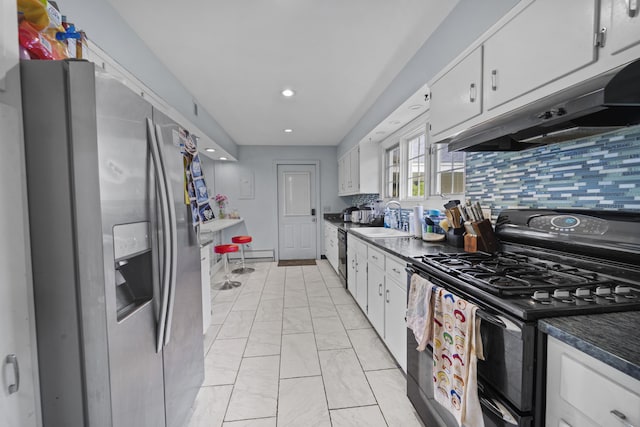 42 Sugarloaf Ln, Bangor, ME 04401 - kitchen featuring stainless steel fridge, black gas stove, a sink, light marble finish flooring, and white cabinetry