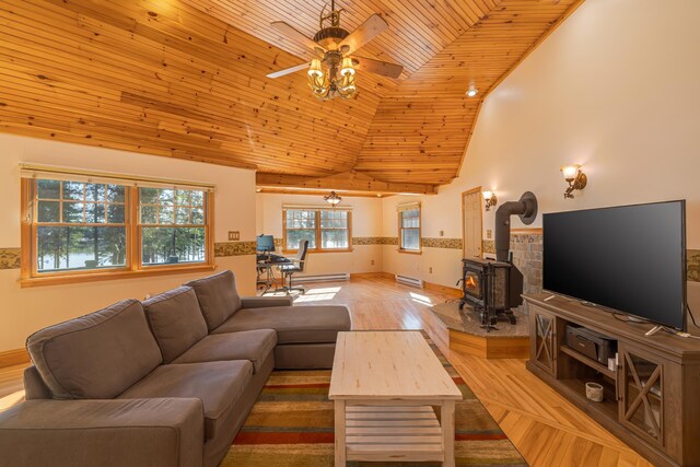 139 Havey Point Rd, Hancock, ME 04640 - living area with wood ceiling, ceiling fan, a wood stove, high vaulted ceiling, and wood finished floors